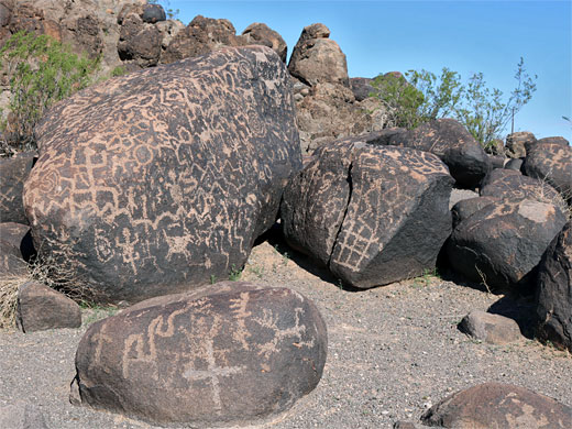 Large boulders with many petroglyphs