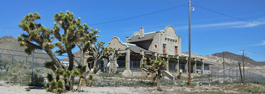 Joshua trees behind the old railway station at Rhyolite