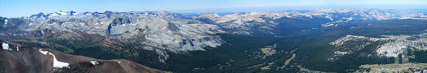 The Cathedral Range, Dana Meadows and Tuolumne Meadows - view from the Mount Dana Summit