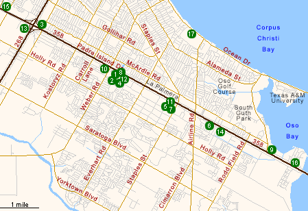 Map of Hotels in Southeast Corpus Christi