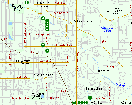 Map of Hotels in Southeast Denver (Cherry Creek)