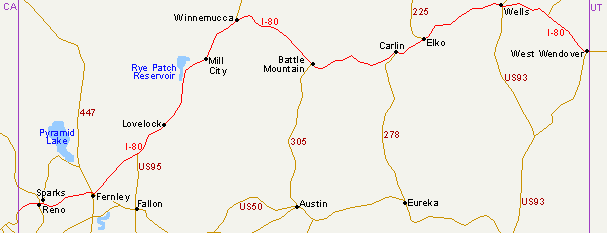 Map of Interstate 80 in Nevada