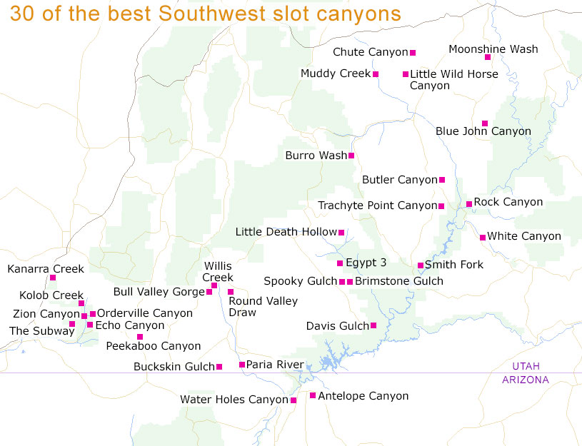 Map of the top 30 slot canyons