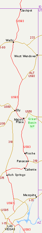 Map of US 93 in Nevada