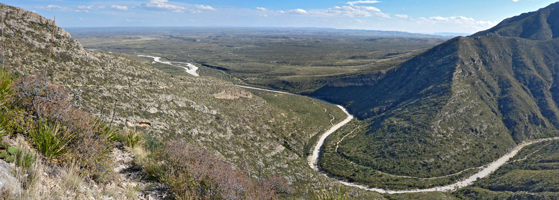 The lowest bend in McKittrick Canyon, at the edge of the mountains