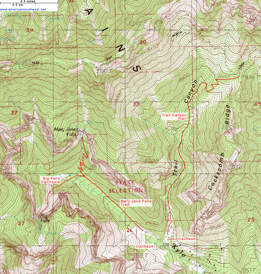Map of Big Falls, Mary Jane Falls and Trail Canyon