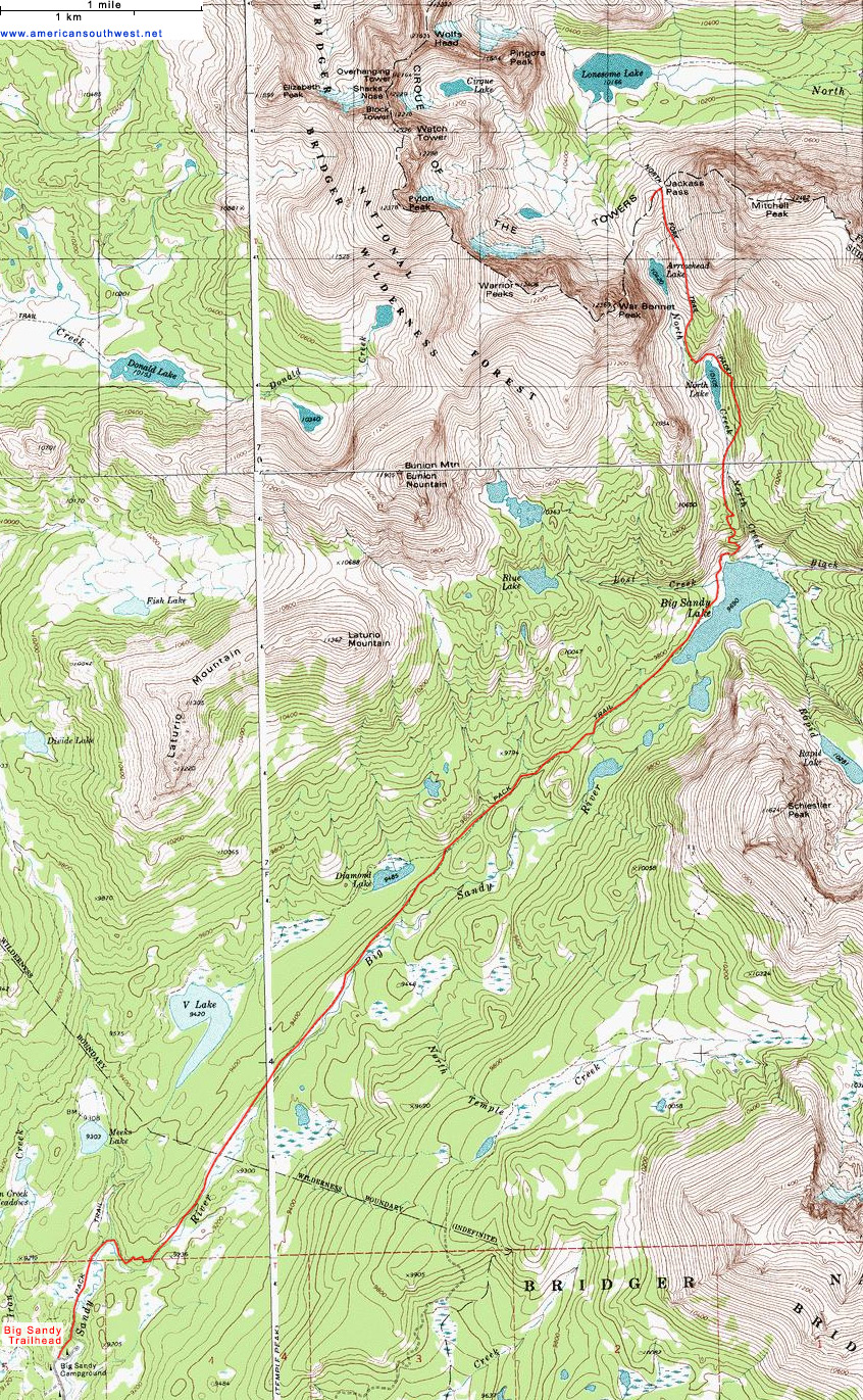 Topo Map of the Big Sandy Trail to Cirque of the Towers