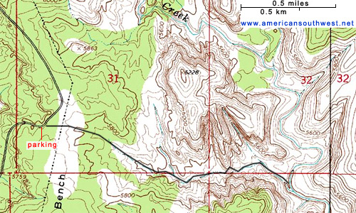 Topographic map of the route to Boulder Creek