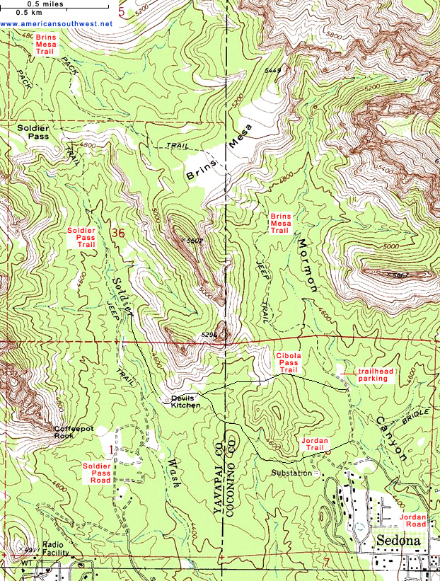 Map of the Brins Mesa/Soldier Pass Trails, Sedona