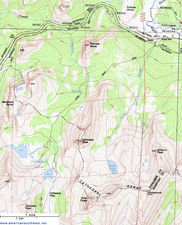 Map of the Cathedral Lakes Trail