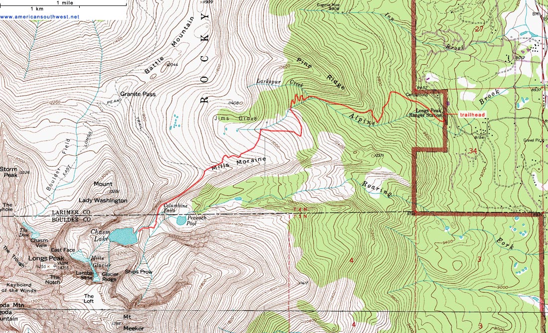 Topo Map of the trail to Chasm Lake and Longs Peak
