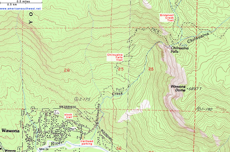 Topographic Map of the Chilnualna Falls Trail, Yosemite National Park