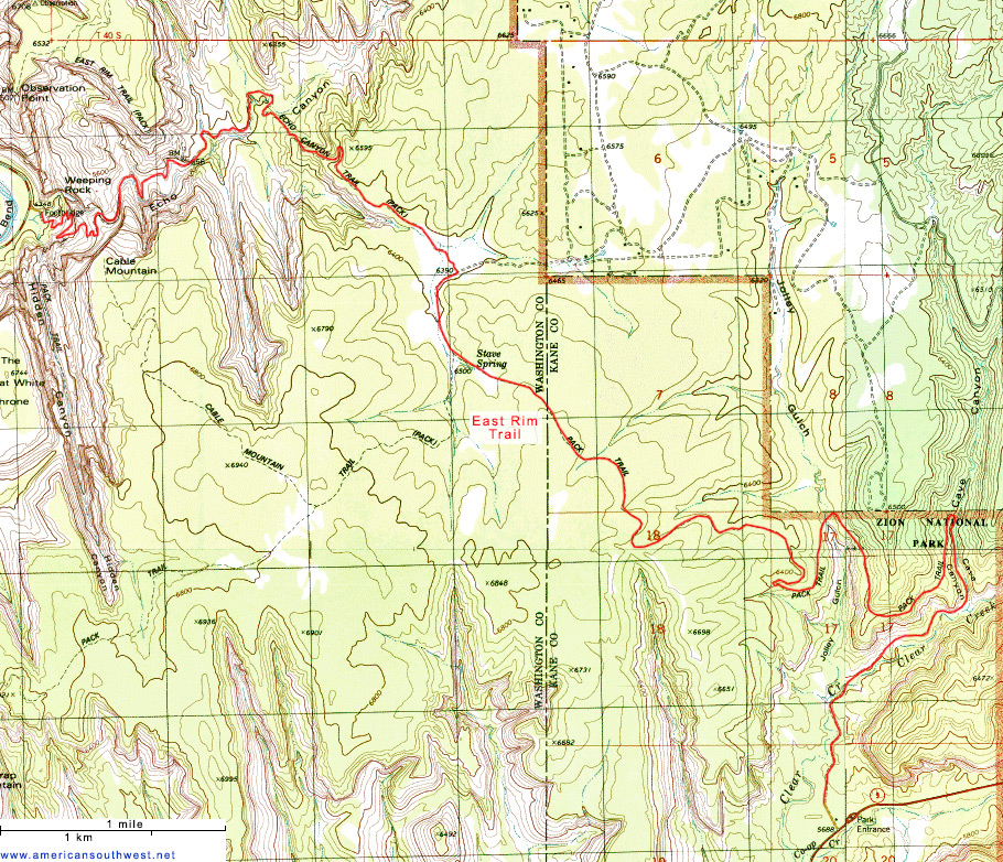 Topographic Map of the East Rim Trail, Zion National Park