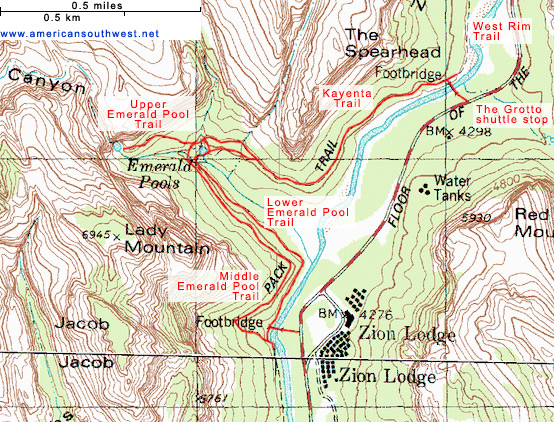 Map of the Emerald Pools and Kayenta Trails