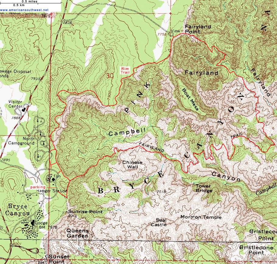 Map of Topographic Map of the Fairyland Loop Trail