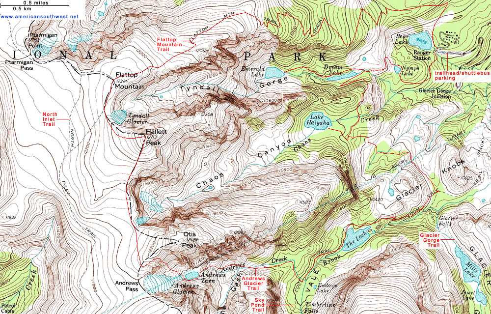Topo Map of the Trail to Flattop Mountain and Andrews Glacier