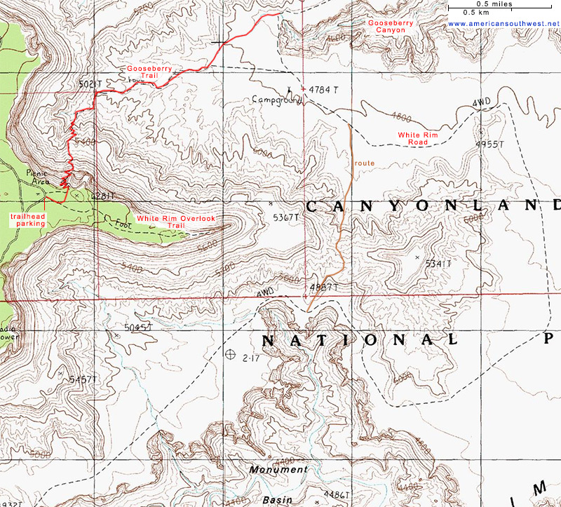 Map of the Gooseberry Trail and Monument Basin