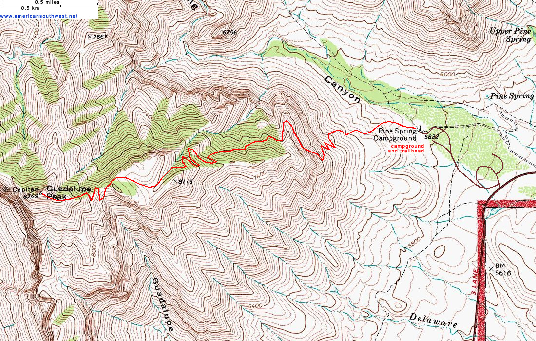 Map of the Guadalupe Peak Trail