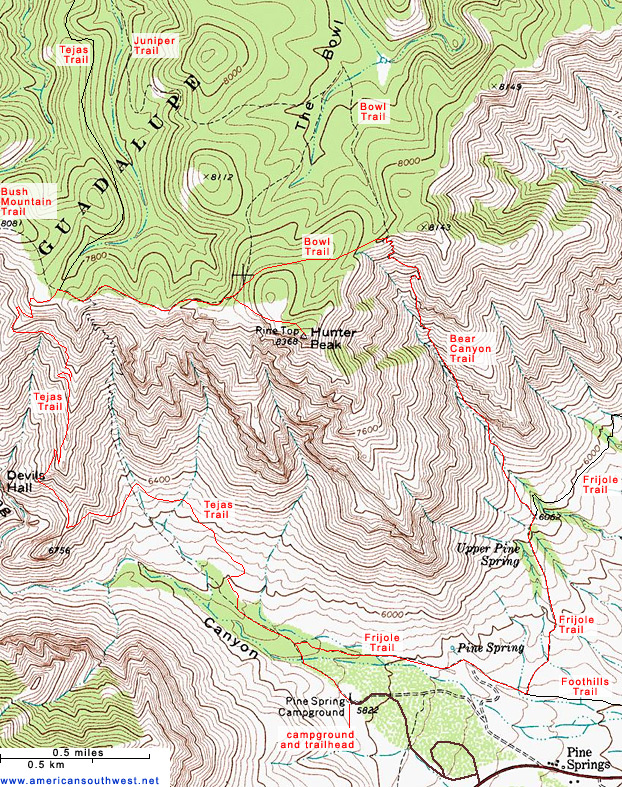 Map of the Trails to Hunter Peak