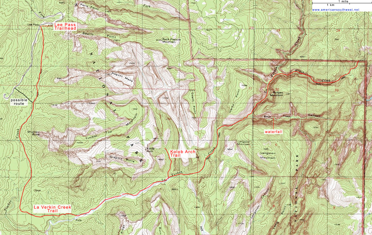 Map of the La Verkin Creek Trail, Zion National Park