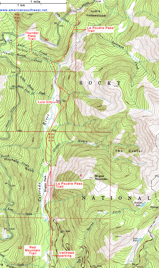 Topo Map of the La Poudre Pass Trail to Lulu City and the upper Colorado River