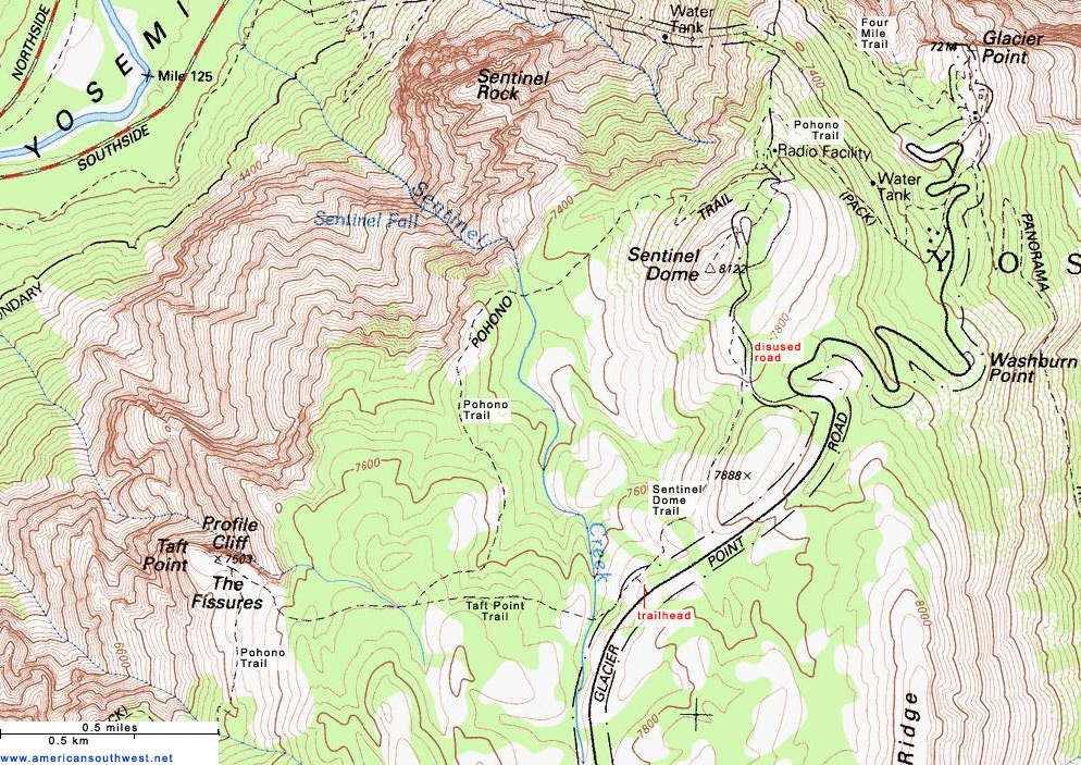 Map of the Taft Point and Sentinel Dome Trails