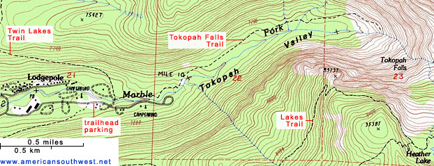 Topographic Map of the Tokopah Falls Trail