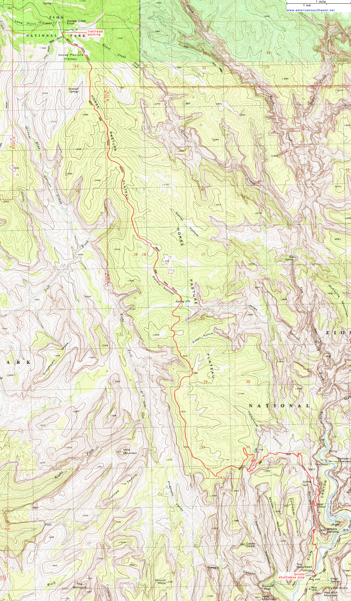 Topographic Map of the West Rim Trail, Zion National Park