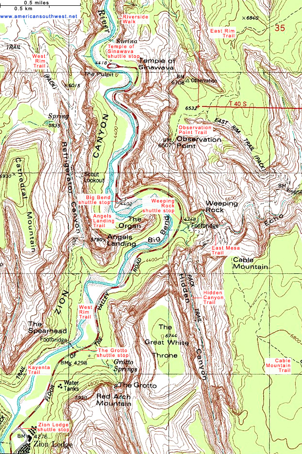 Topographic Map of Zion Canyon, Zion National Park