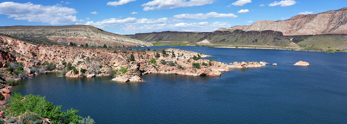 Promontory and tiny islands along the western shore of Gunlock Reservoir