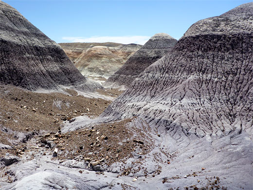 Steep-sided ravine; Blue Mesa in the distance