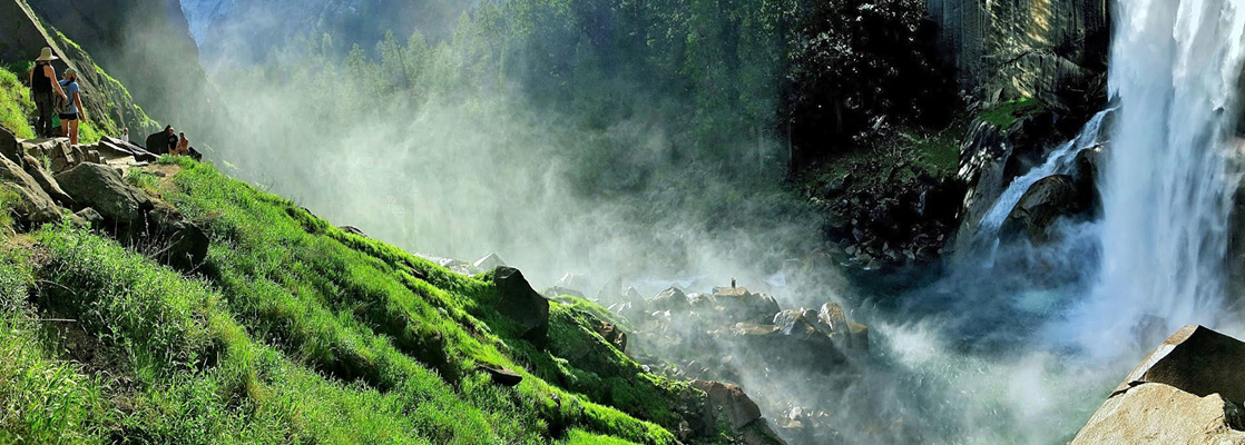 Mist above the grassy slopes just downstream of Vernal Fall