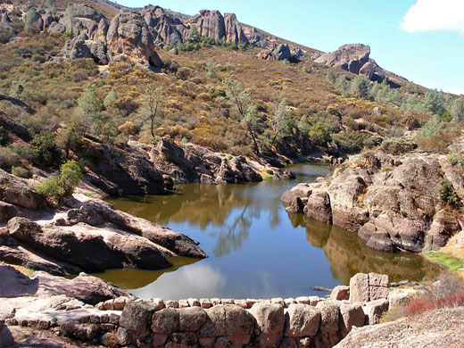 Rock dam at the east end of Bear Gulch Reservoir