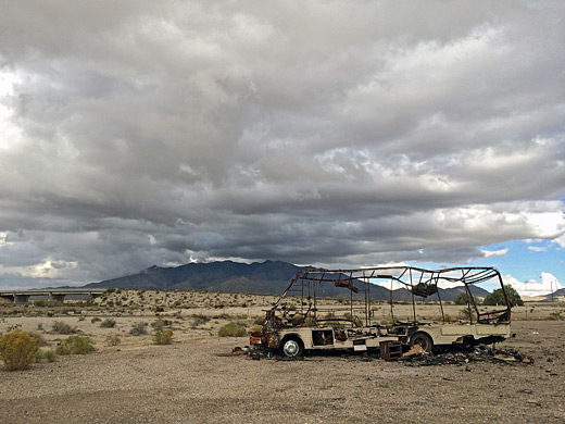 Burnt RV at the Cima Road exit