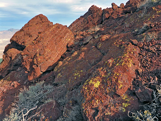 Broken blocks of layered red lava