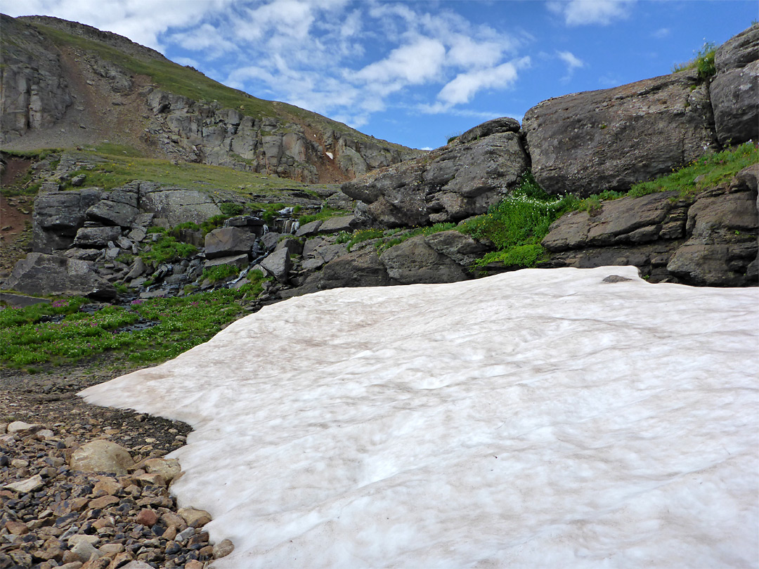 Snow beneath cliffs