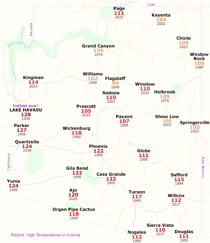 Map of record high temperatures in Arizona
