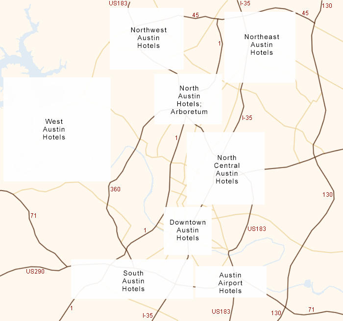 Map of hotel areas in Austin, TX