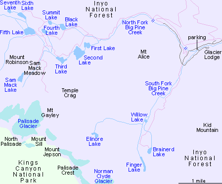 Map of the Big Pine Lakes Trail