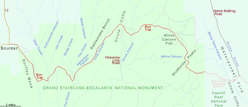 Map of the Burr Trail, western section