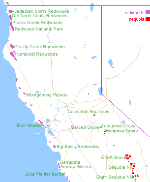 Map of California Redwood and Sequoia Groves