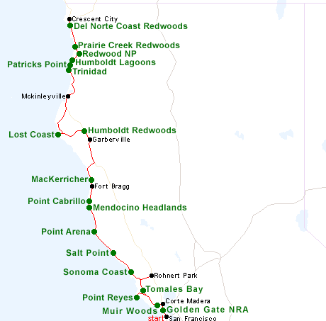 Map of the California North Coast tour
