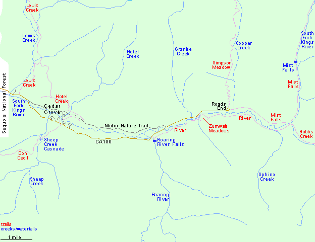 Hiking Map for Kings Canyon and Cedar Grove