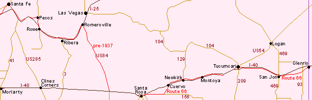 Map of Route 66 in east New Mexico