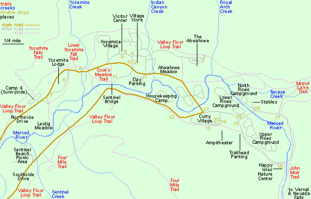 Hiking Map for Yosemite Valley and Glacier Point Road