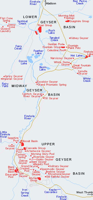 Map of Lower, Midway and Upper Geyser Basins, Yellowstone National Park