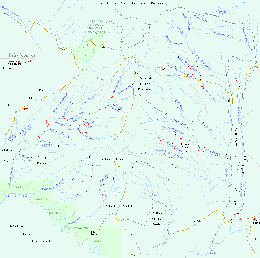 Map of Cedar Mesa, Grand Gulch and Comb Ridge