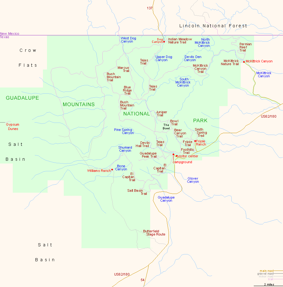 Map of Guadalupe Mountains National Park, Texas