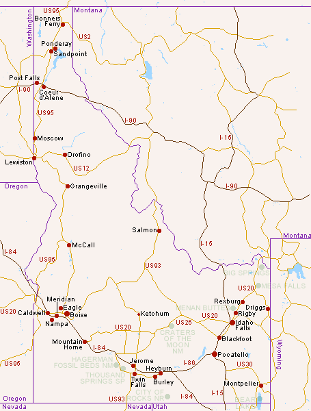 Map of towns & cities with hotels in Idaho