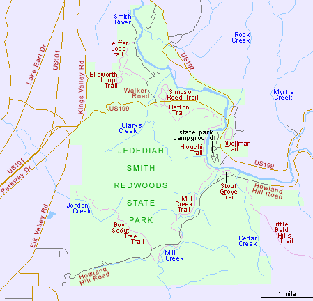 Map of Jedediah Smith Redwoods State Park